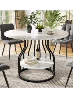 ABRIHOME Tische<Runder Esstisch in Schwarz 80x80x76 cm mit kleiner Ablageplatte