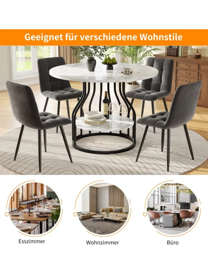 ABRIHOME Tische<Runder Esstisch in Schwarz 80x80x76 cm mit kleiner Ablageplatte