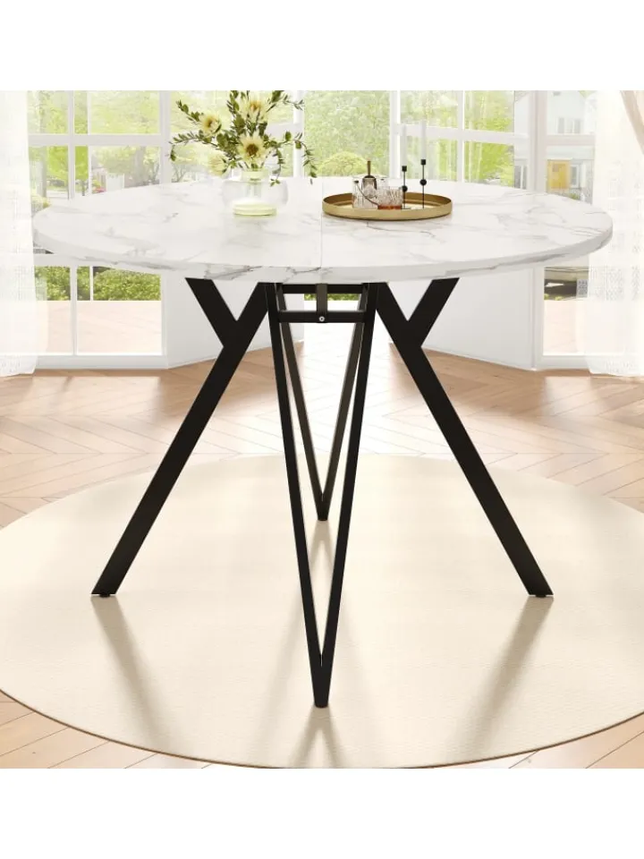 ABRIHOME Tische<Runder Esstisch mit Marmoroptik und Metallbeinen in Schwarz