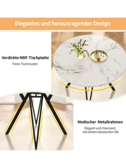 ABRIHOME Tische<Runder Esstisch mit Marmoroptik und Metallbeinen in Schwarz
