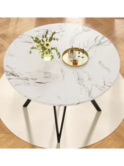 ABRIHOME Tische<Runder Esstisch mit Marmoroptik und Metallbeinen in Schwarz