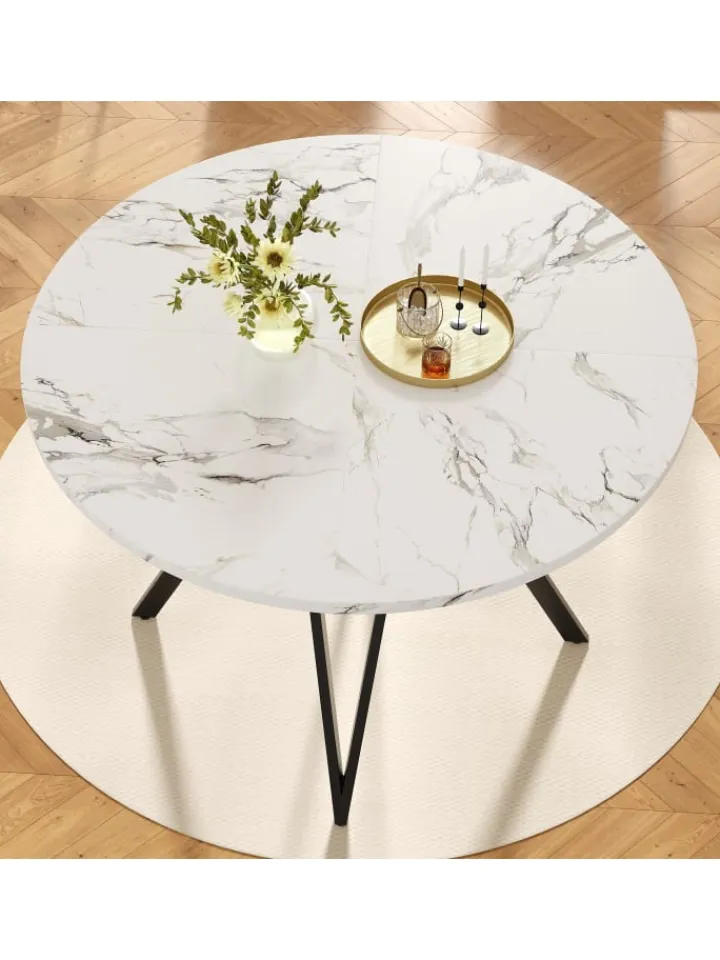 ABRIHOME Tische<Runder Esstisch mit Marmoroptik und Metallbeinen in Schwarz
