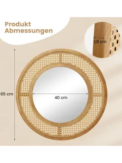 COSTWAY Spiegel<Runder Wandspiegel Rattan in Hellbraun