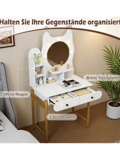 COSTWAY Schmuckkästen<Schminktisch in Katzenform mit Spiegel & Beleuchtung in Weiß