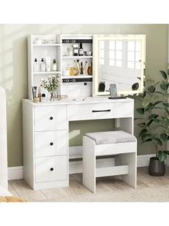 COSTWAY Schmuckkästen<Schminktisch mit LED & Schminkhocker 96 x 40 x 135 cm in Weiß