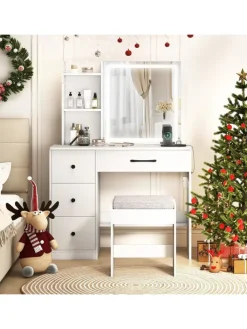 COSTWAY Schmuckkästen<Schminktisch mit LED & Schminkhocker 96 x 40 x 135 cm in Weiß