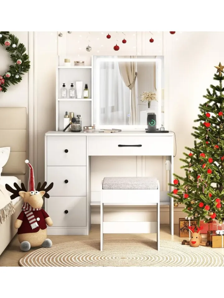 COSTWAY Schmuckkästen<Schminktisch mit LED & Schminkhocker 96 x 40 x 135 cm in Weiß