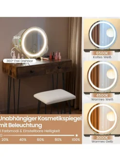 COSTWAY Schmuckkästen<Schminktisch mit LED Spiegel Hocker 80 x 40 x 76 cm in Braun