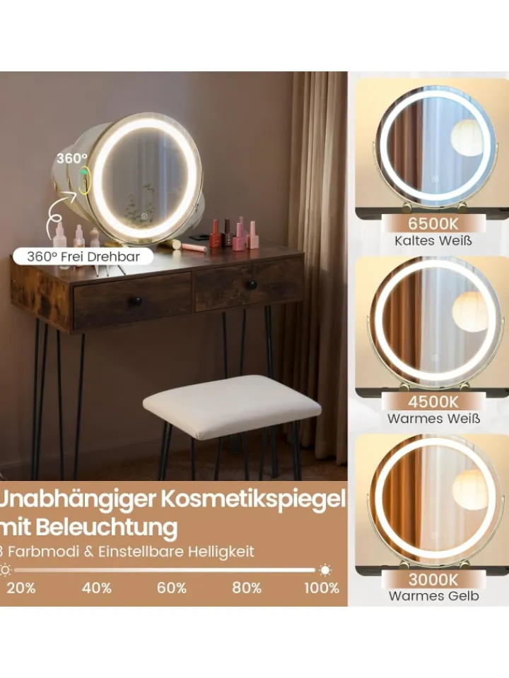 COSTWAY Schmuckkästen<Schminktisch mit LED Spiegel Hocker 80 x 40 x 76 cm in Braun