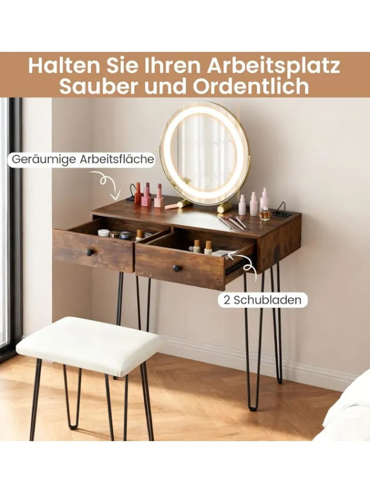 COSTWAY Schmuckkästen<Schminktisch mit LED Spiegel Hocker 80 x 40 x 76 cm in Braun
