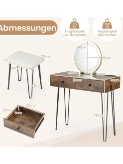 COSTWAY Schmuckkästen<Schminktisch mit LED Spiegel Hocker 80 x 40 x 76 cm in Braun