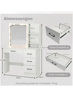 COSTWAY Schmuckkästen<Schminktisch mit LED-Beleuchtung 94x40x138,5cm in Weiß