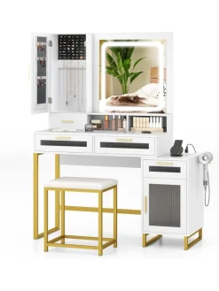 COSTWAY Schmuckkästen<Schminktisch mit LED-Beleuchtung 112 x 39,5 x 145 cm in Weiß