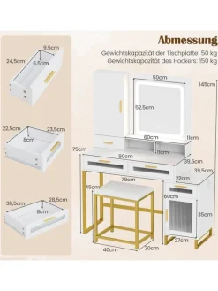 COSTWAY Schmuckkästen<Schminktisch mit LED-Beleuchtung 112 x 39,5 x 145 cm in Weiß