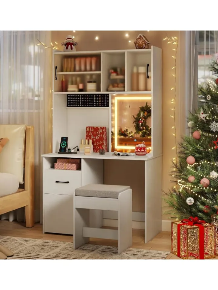 COSTWAY Schmuckkästen<Schminktisch Set mit LED Spiegel & Hocker in Weiß