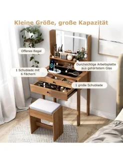 COSTWAY Schmuckkästen<Schminktisch Set mit Steckdosen & LED in Hellbraun
