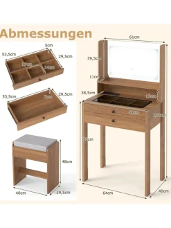 COSTWAY Schmuckkästen<Schminktisch Set mit Steckdosen & LED in Hellbraun
