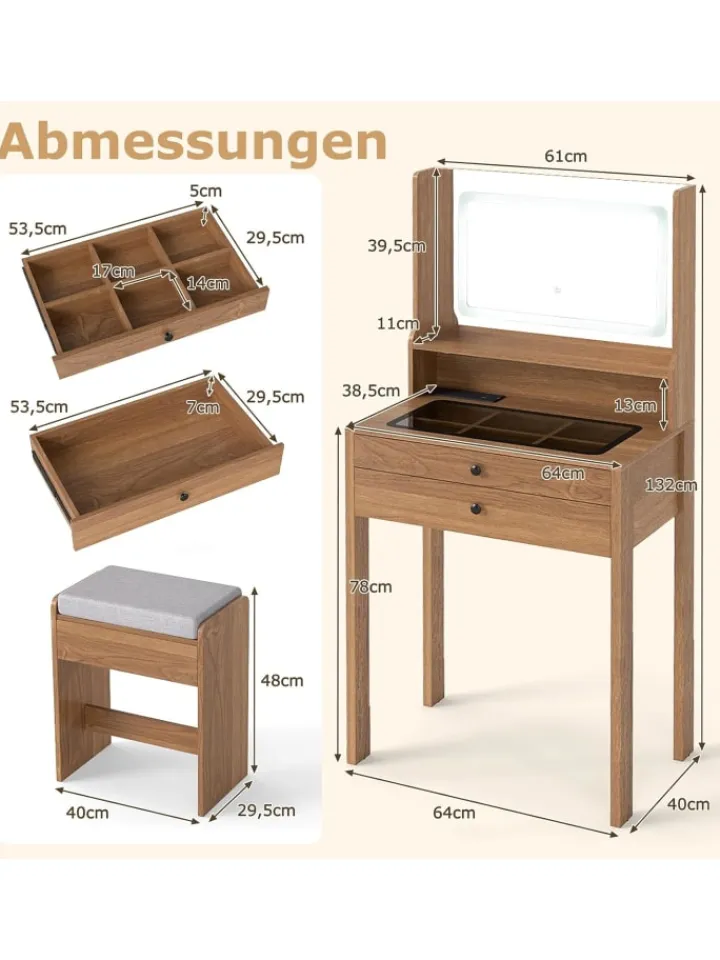 COSTWAY Schmuckkästen<Schminktisch Set mit Steckdosen & LED in Hellbraun