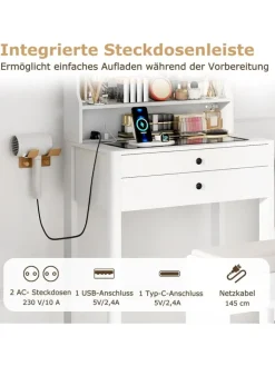 COSTWAY Schmuckkästen<Schminktisch Set mit Steckdosen & LED in Weiß
