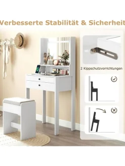 COSTWAY Schmuckkästen<Schminktisch Set mit Steckdosen & LED in Weiß