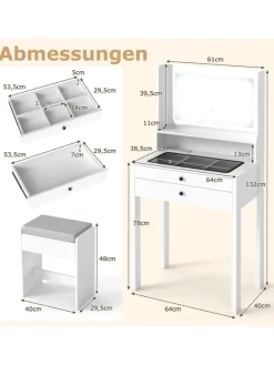 COSTWAY Schmuckkästen<Schminktisch Set mit Steckdosen & LED in Weiß