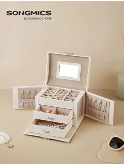Songmics Schmuckkästen<Schmuckkästchen in Weiß/ Beige - (B)17,7 x (H)13,5 x (T)13,8 cm