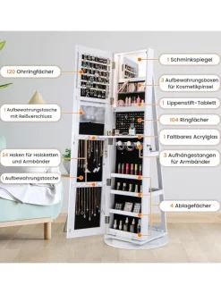 COSTWAY Schmuckkästen<Schmuckschrank 3 in 1 drehbar in Weiß