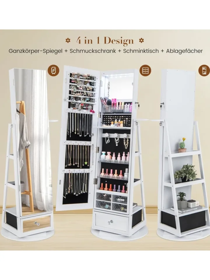 COSTWAY Schmuckkästen<Schmuckschrank drehbar mit LED in Weiß