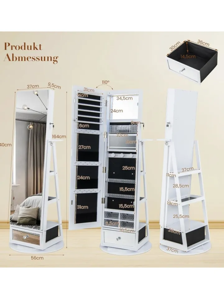 COSTWAY Schmuckkästen<Schmuckschrank drehbar mit LED in Weiß