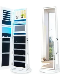 COSTWAY Schmuckkästen<Schmuckschrank LED drehbar in Weiß