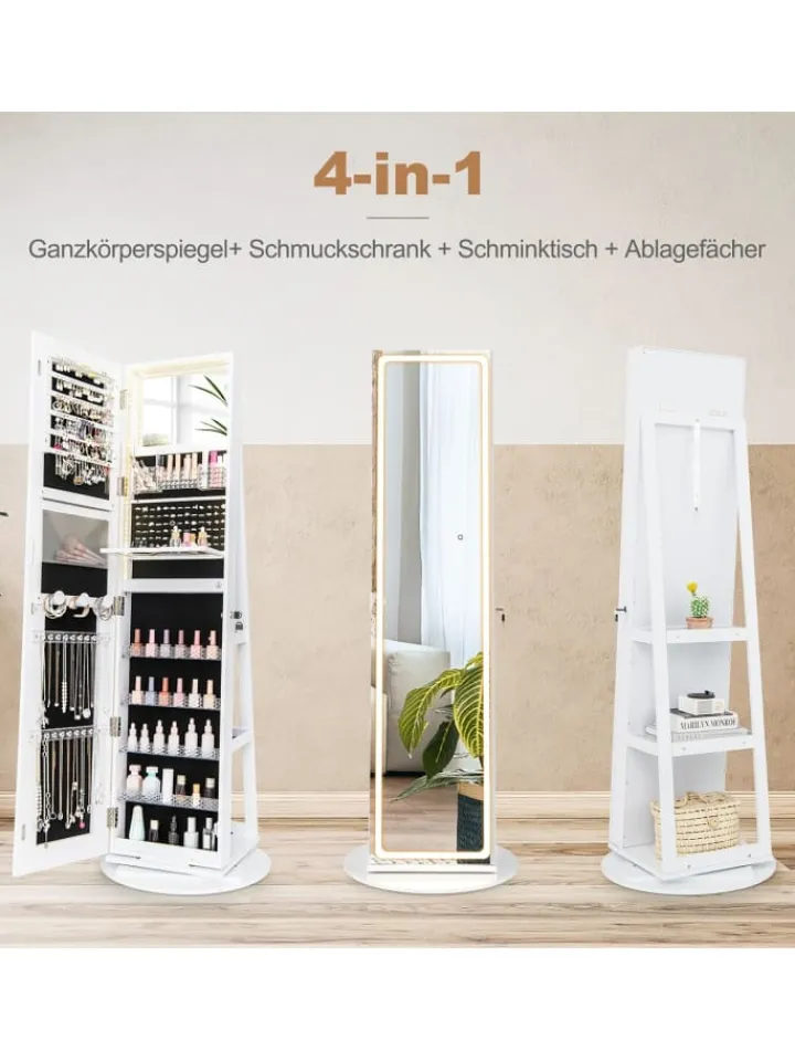 COSTWAY Schmuckkästen<Schmuckschrank LED drehbar in Weiß