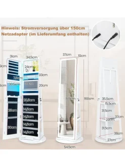 COSTWAY Schmuckkästen<Schmuckschrank LED drehbar in Weiß