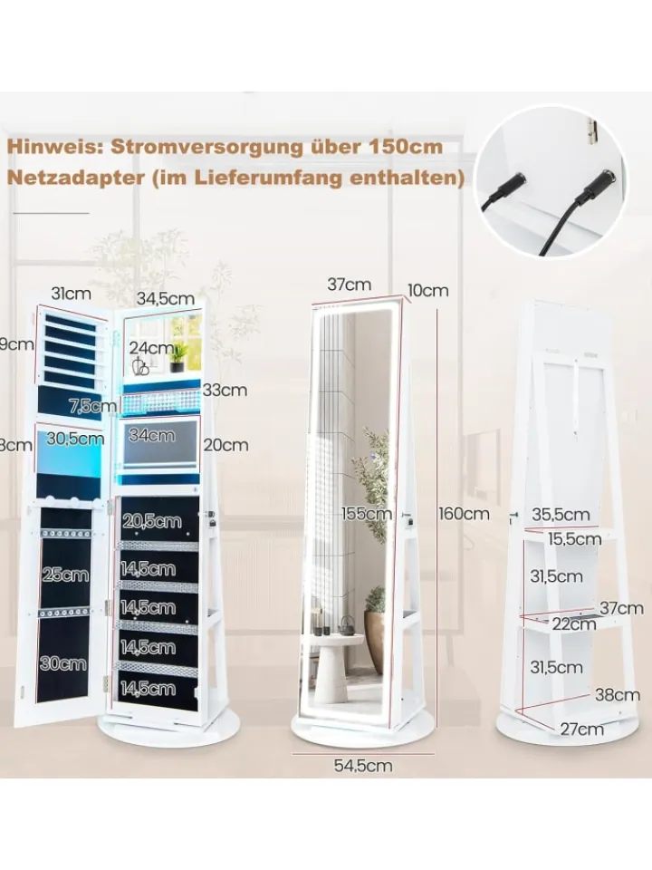 COSTWAY Schmuckkästen<Schmuckschrank LED drehbar in Weiß