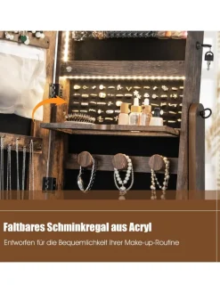 COSTWAY Schmuckkästen<Schmuckschrank LED mit Rollen 159cm in Hellbraun