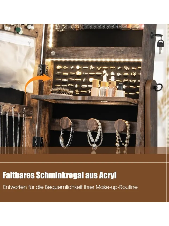 COSTWAY Schmuckkästen<Schmuckschrank LED mit Rollen 159cm in Hellbraun