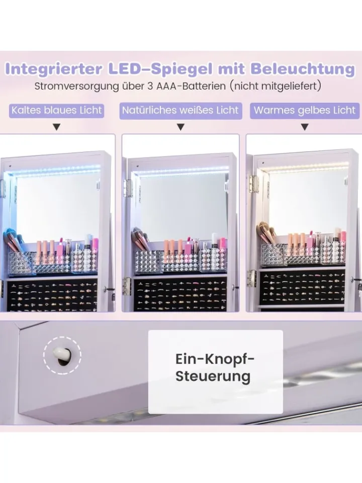 COSTWAY Schmuckkästen<Schmuckschrank LED mit Rollen in Lila