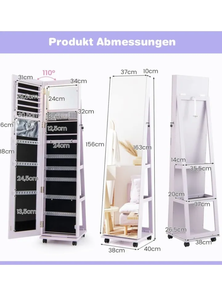 COSTWAY Schmuckkästen<Schmuckschrank LED mit Rollen in Lila