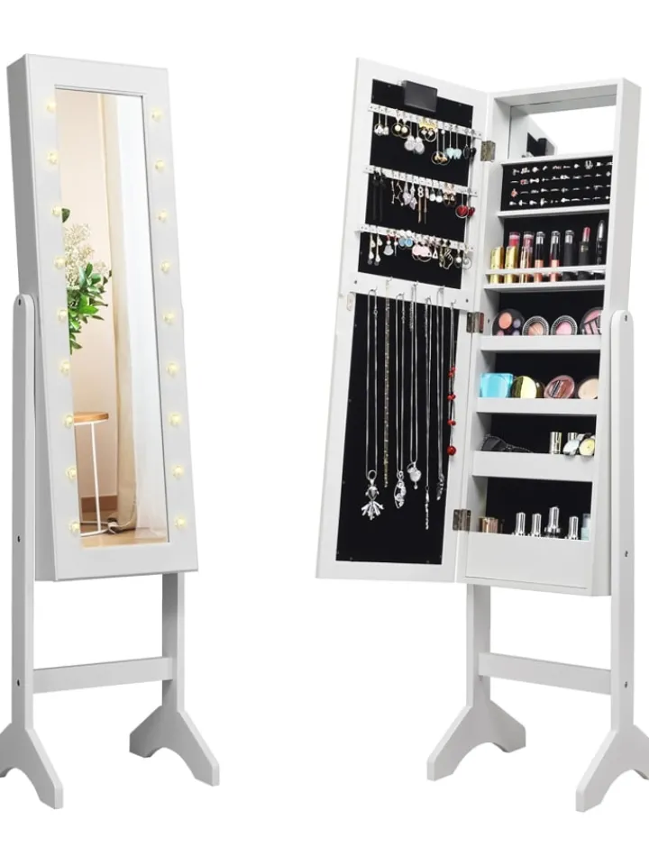 COSTWAY Schmuckkästen<Schmuckschrank mit 18 LEDS in Weiß