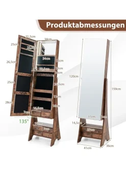 COSTWAY Schmuckkästen<Schmuckschrank mit Beleuchtung in Braun