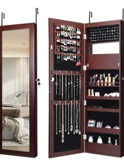 COSTWAY Schmuckkästen<Schmuckschrank mit LED 120cm in Braun