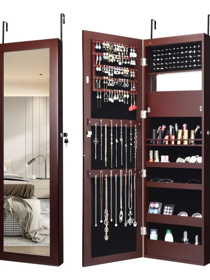 COSTWAY Schmuckkästen<Schmuckschrank mit LED 120cm in Braun