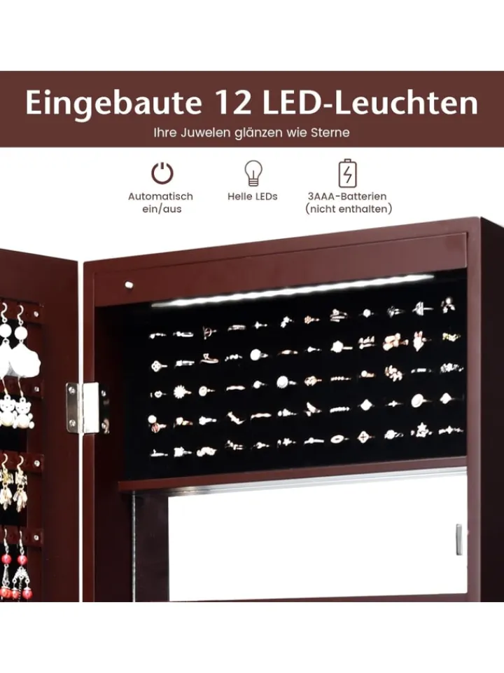 COSTWAY Schmuckkästen<Schmuckschrank mit LED 120cm in Braun