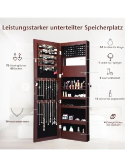 COSTWAY Schmuckkästen<Schmuckschrank mit LED 120cm in Braun