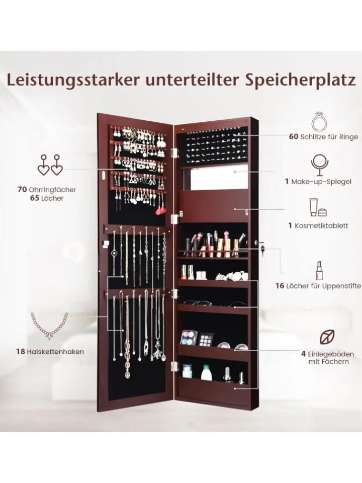 COSTWAY Schmuckkästen<Schmuckschrank mit LED 120cm in Braun