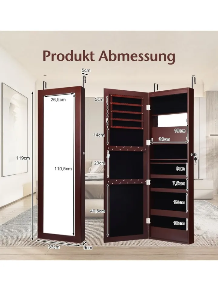 COSTWAY Schmuckkästen<Schmuckschrank mit LED 120cm in Braun