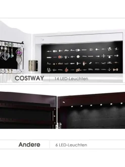 COSTWAY Schmuckkästen<Schmuckschrank mit LED in Weiß