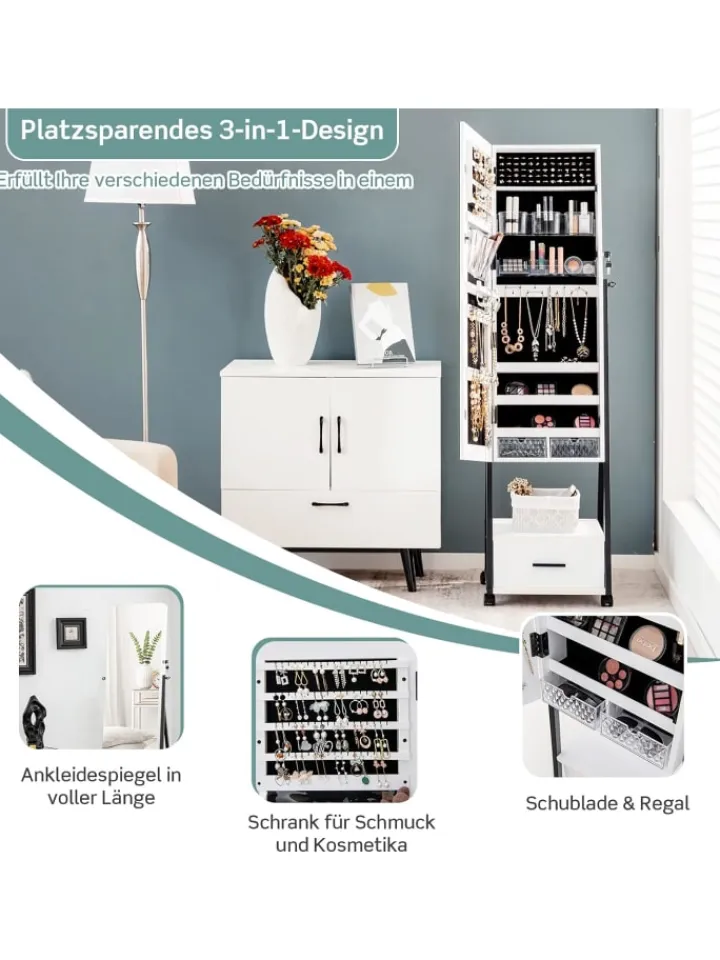 COSTWAY Schmuckkästen<Schmuckschrank mit Spiegel in Weiß