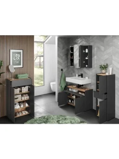 KADIMA DESIGN Badmöbel<Schrank mit Schublade, 34x34x111 cm, leise Schließtechnik in Grau-Beige
