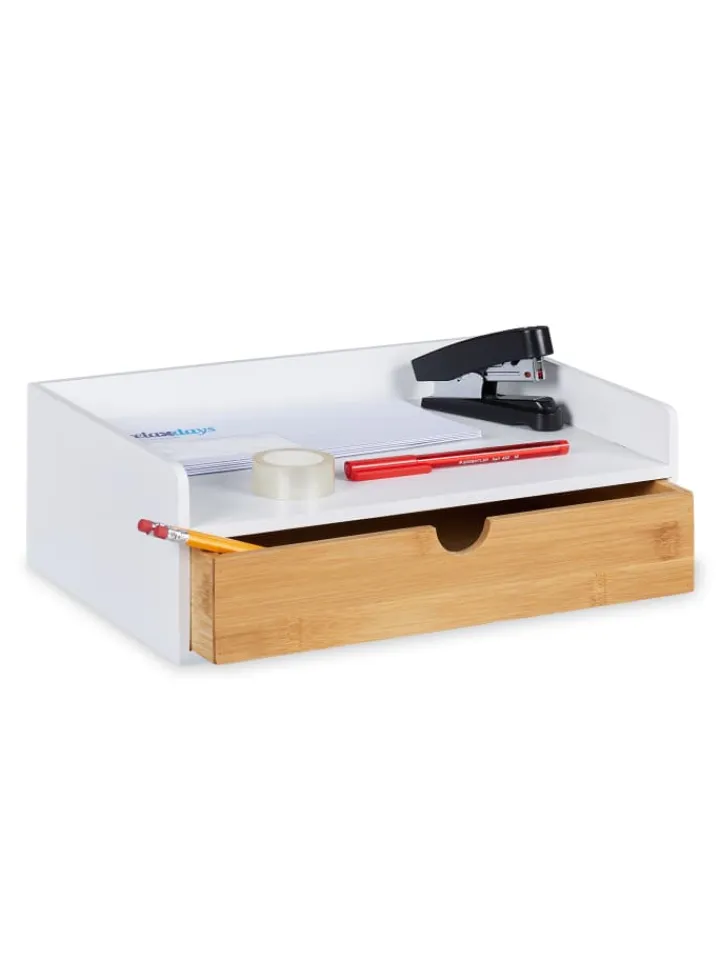 relaxdays Büro- & Schulbedarf<Schreibtisch-Organizer in Weiß/ Natur - (B)32 x (H)11 x (T)22 cm