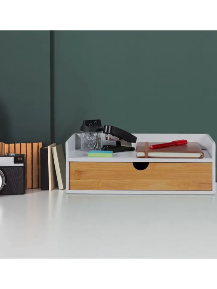 relaxdays Büro- & Schulbedarf<Schreibtisch-Organizer in Weiß/ Natur - (B)32 x (H)11 x (T)22 cm